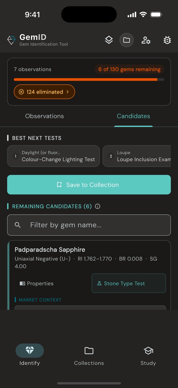 GemID identify screen showing 7 observations entered, 6 of 130 gems remaining, with suggested next test