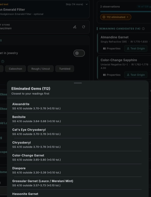 GemID eliminated gems panel showing 112 eliminated with reasons