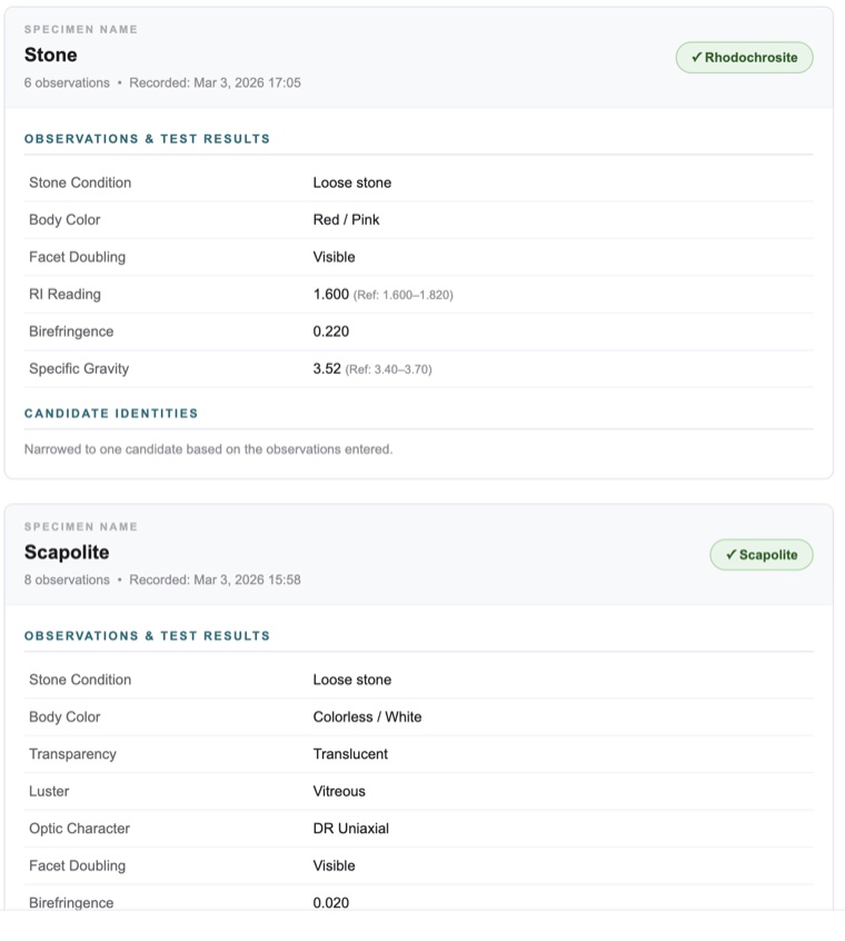 GemID report output showing multiple stones — Rhodochrosite and Scapolite
