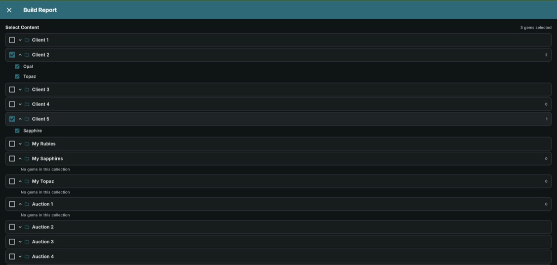GemID Build Report screen — selecting clients and collections