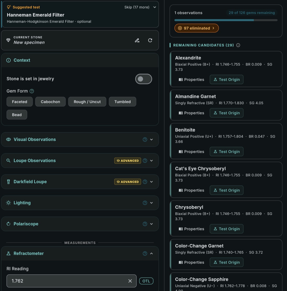 GemID filtering candidates after entering refractive index