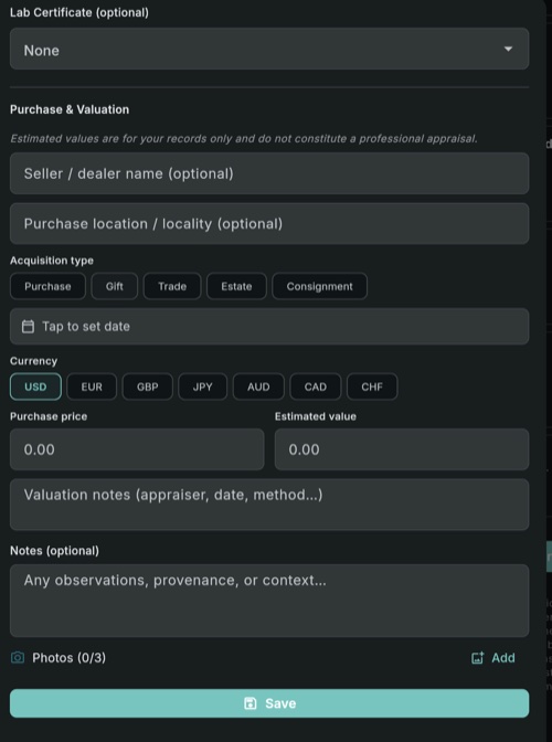GemID Save sheet showing purchase and valuation fields