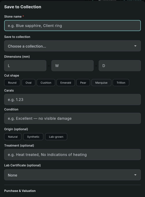 GemID Save to Collection sheet