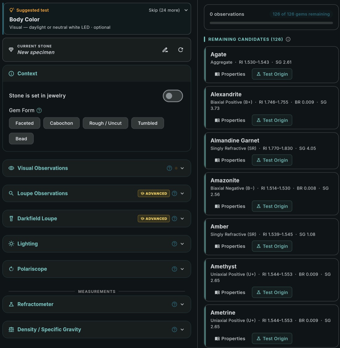 GemID expert mode showing all input sections and candidate list