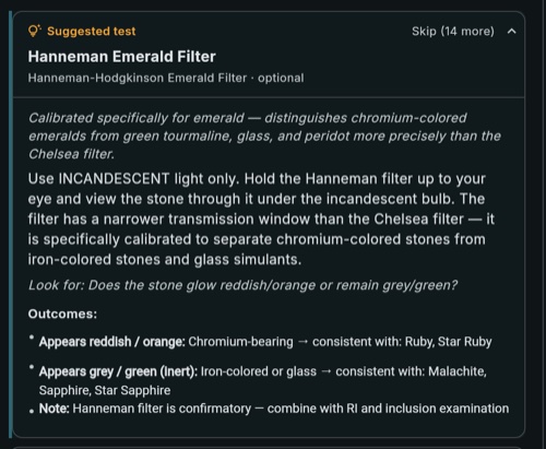 GemID suggested test explanation for the Hanneman Emerald Filter