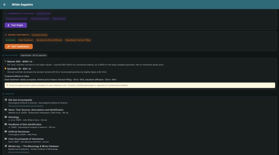 GemID gem detail showing synthetics, treatments, and value guide for White Sapphire